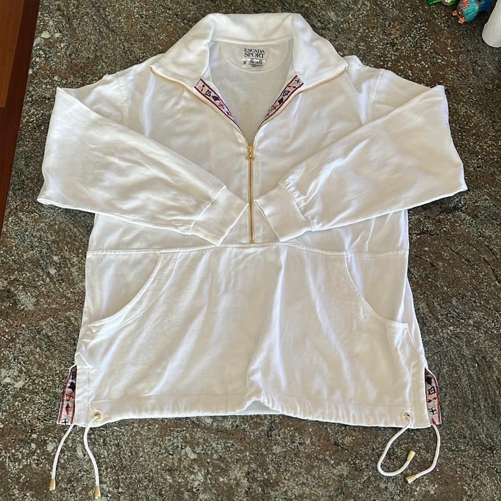Escada Sport White Zip Up Pullover Sweatshirt Nautical Fisherman Preppy Sz M